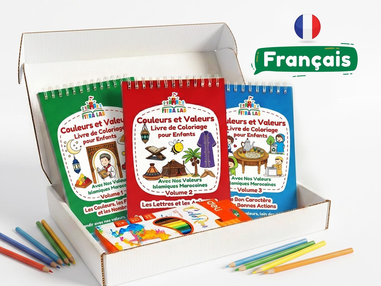Pack de 3 livres de coloriage pour enfant en français sur les valeurs islamiques et marocaines, incluant une boîte de crayons de couleur