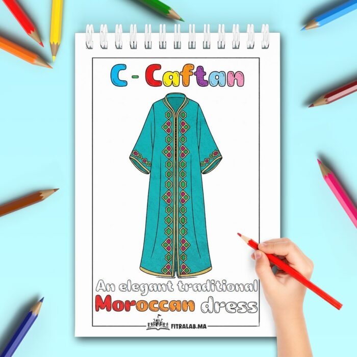 coloriage-caftan-traditionnel-anglais Page de coloriage d'un caftan marocain avec description de la tenue en anglais.