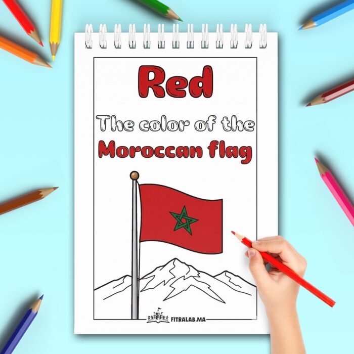 coloriage-couleur-rouge-drapeau-anglais Page de coloriage sur la couleur rouge et le drapeau du Maroc avec légendes en anglais.