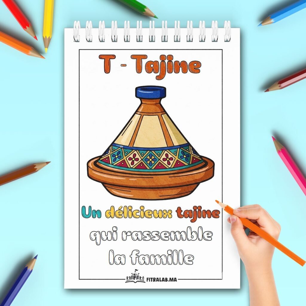 Illustration d'un tajine marocain à colorier avec un message de partage familial en français.