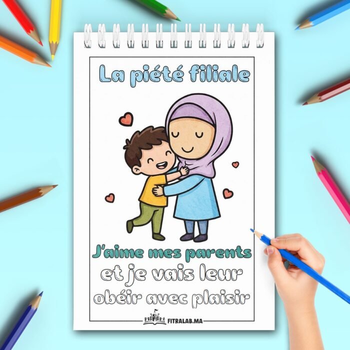 Page de coloriage de piété filiale en français montrant un enfant et sa mère pour enseigner les bonnes valeurs.