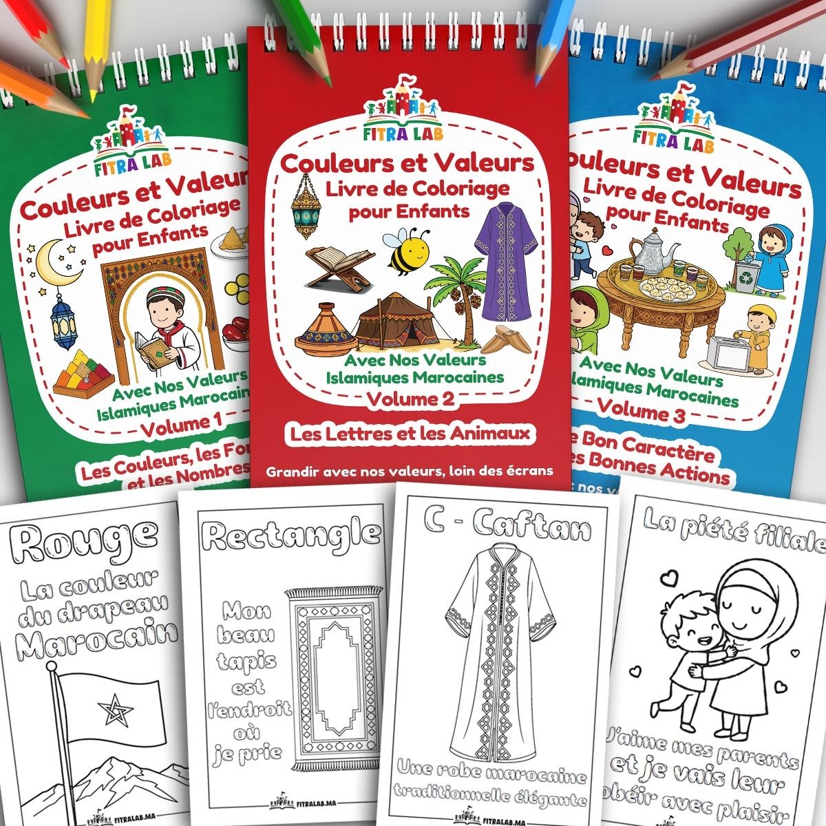 Trois livres de coloriage éducatifs en français sur les couleurs, les formes et les valeurs islamiques marocaines.