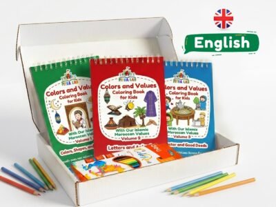 Pack de 3 livres de coloriage pour enfant en anglais sur les valeurs islamiques et marocaines, incluant une boîte de crayons de couleur